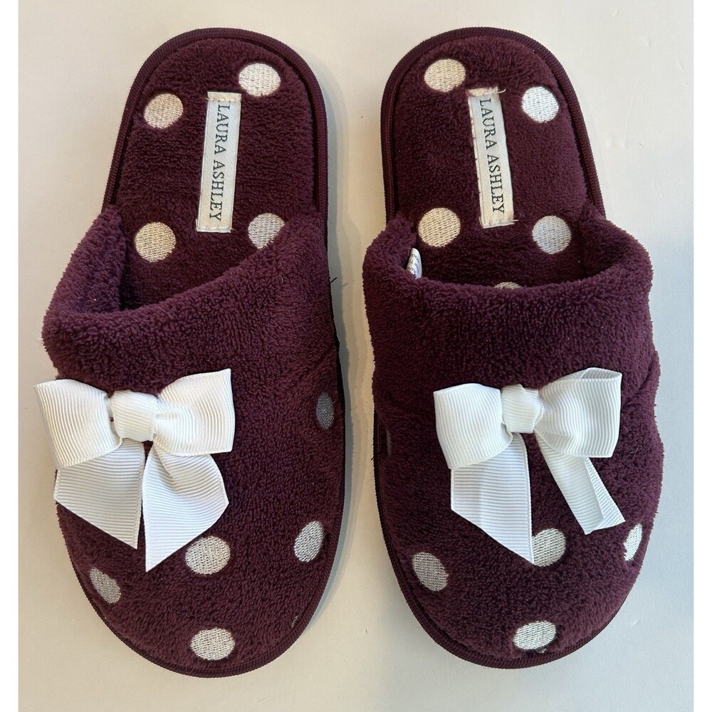 Laura Ashley Slippers Womens Sz S (5-6) Maroon Polka Dot Bow Slip - EUC